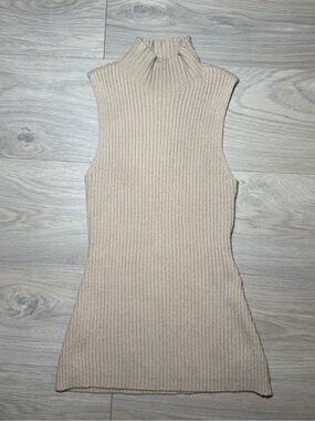 Commense Ribbed Sleeveless Mock Neck Tank Top in Beige